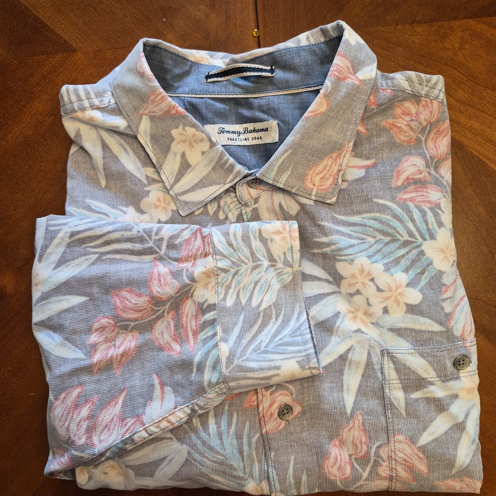 Tommy Bahama Coastline Cord Mens Corduroy Shirt Faded Floral 2XLT LS Gray Pink